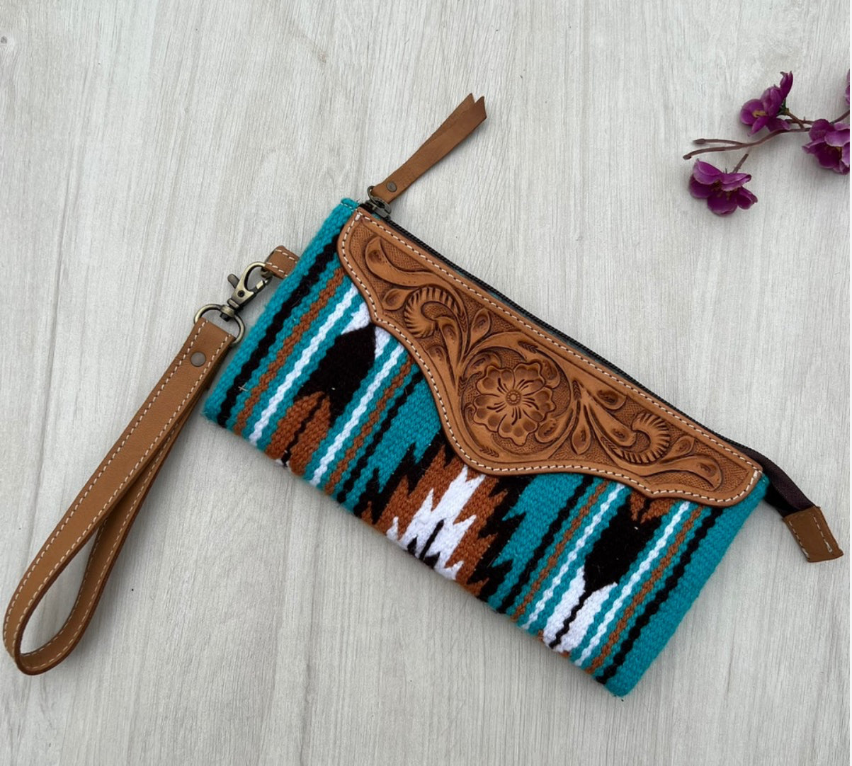 Tooled Leather Saddle Blanket Clutch - Turq